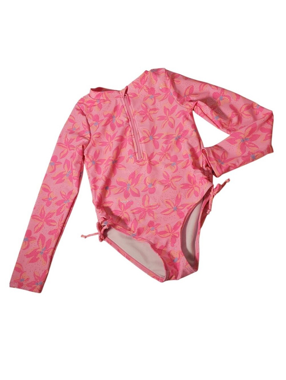 Nicole Miller Girls Swim Rash Guard Glitter Floral Print Pink Orange Rouched 6